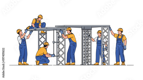 Construction Crew Assembling Structure: A skilled construction crew meticulously assembles a metal structure, embodying teamwork, precision, and the dedication of laborers.