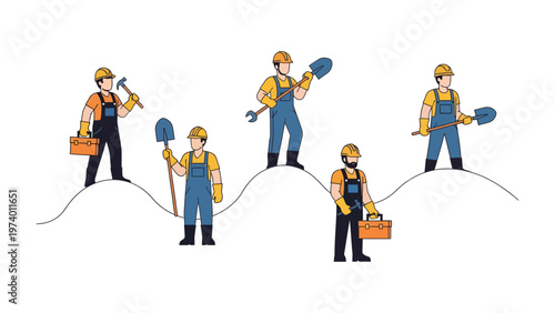 Construction Crew Lineup: A group of construction workers, each armed with essential tools and wearing protective gear, stand ready for a day of building and progress.