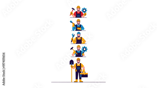 Diverse Construction Workers: A series of vibrant illustrations showcases diverse construction workers holding their tools.