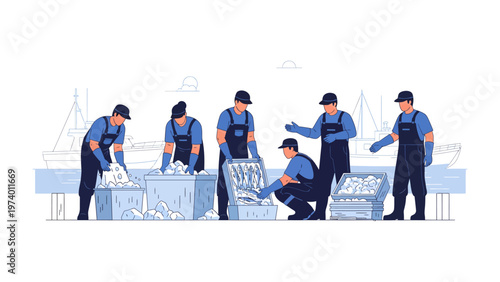 Team sorting Fish: A group of diligent workers meticulously sort and organize their fresh catch, with boats in the background, a display of hard work and the bounty of the sea.