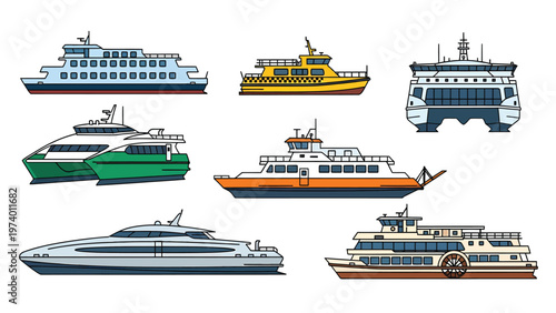 Diverse collection of cartoon ferry boats, ships, and water vessels vector illustration