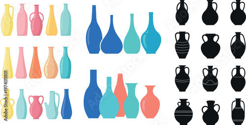Minimalist Ceramic Vase Collection with Colorful Modern Shapes and Classic Amphora Silhouettes in Flat Vector Illustration Set for Interior Decor Design