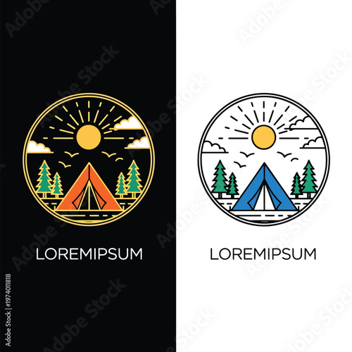 Outdoor Camping Scene Line Art Emblem with Tent, Forest, and Sun