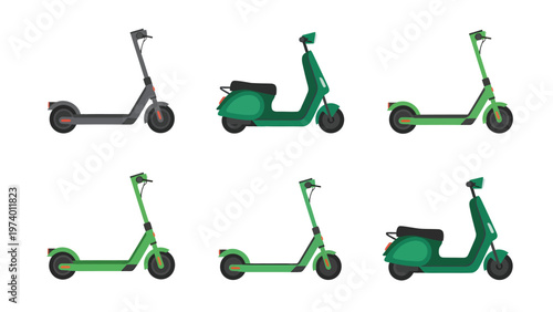 Electric Kick Scooters and Classic Motor Scooters Illustration Set. Urban Eco-Friendly Transport Collection.