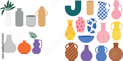 Minimalist Decorative Vase Collection with Abstract Shapes Patterns and Indoor Plant Elements in Modern Flat Vector Illustration Set for Home Decor