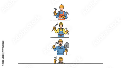 Building a Vision: A set of construction workers, each holding different tools, stand ready for action, the spirit of building with focus.