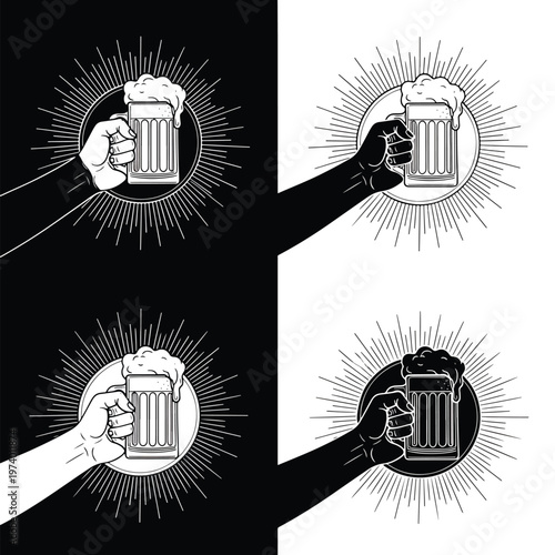 Hand holding a frothy drink mug, a celebratory graphic vector emblem with sunburst design