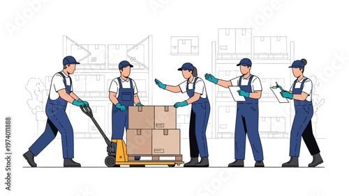 Efficient Team of Movers: A dynamic team of movers expertly handles boxes, a pallet jack, and organizational tasks within a warehouse setting, ensuring smooth logistics.