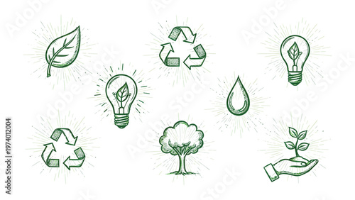Eco-Friendly Imagery: A collection of hand-drawn environmental icons including leaf, water drop, tree, recycle symbol, and lightbulb with leaf.