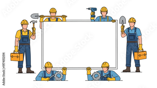 Construction Crew Framework: A team of construction workers surrounds a blank canvas, each holding their tools, symbolizing the building of possibilities and the creation of something new.
