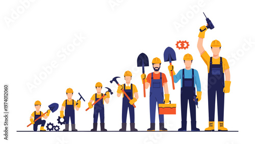 Construction worker tools sequence: A sequence of construction workers ascends a ladder, each step a testament to the growth of skill set and expertise.