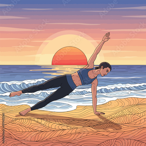 A woman performing a side plank yoga pose on the beach.