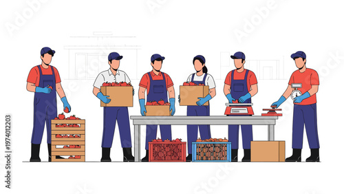 Farm workers in a food production process: A team of dedicated farm workers diligently sorts and prepares freshly harvested produce.