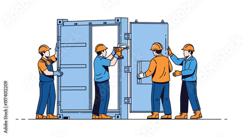 Container Assembly Team: A group of skilled workers collaborate to assemble a shipping container. Showcasing the precision and coordination required in the industry. 