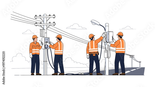 Electricians at Work: Electricians diligently work together, fixing wiring and managing the transmission of power to keep the infrastructure and community powered