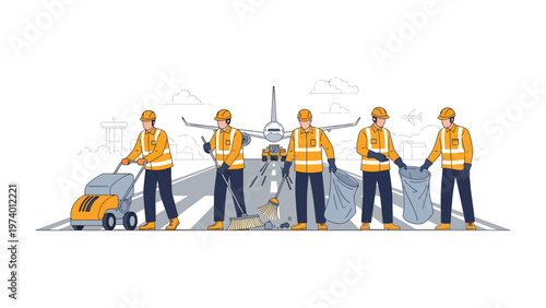Runway Maintenance Crew: A dedicated team of ground personnel diligently cleans the airport runway, ensuring a safe and efficient environment for air travel.