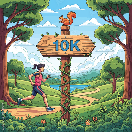 A woman runner jogging past a wooden 10k race signpost.