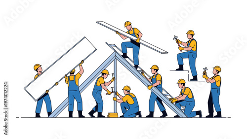 Construction Crew in Action: A dynamic construction crew working together in a harmonious project. Their meticulous efforts create a seamless team and bring forth the image of teamwork.