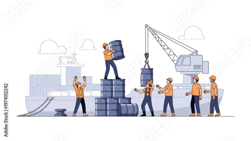 Efficient Shipping Dynamics: A maritime scene depicts the seamless process of loading cargo onto a ship, embodying the essence of logistics, teamwork, and efficient transportation. 