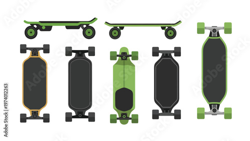 Modern longboards and electric skateboards set. Flat design collection of e-boards and traditional skateboards, top and side views.