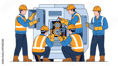 Industrial Team's Precision: A skilled team of engineers and technicians meticulously inspects and maintains intricate machinery, symbolizing precision, teamwork.