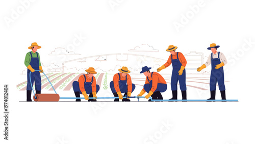 Cultivating Together: A collective of farmers diligently working the land in a field, showcasing the essence of teamwork and dedication within agriculture.