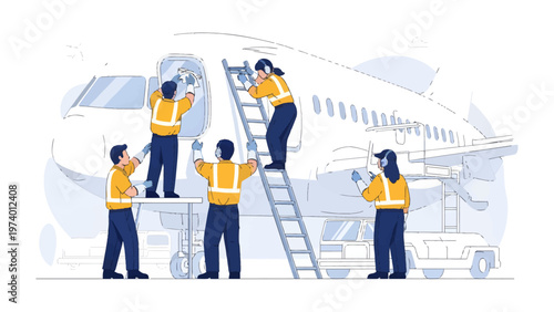 Aircraft Maintenance: A group of aviation technicians diligently working on the exterior of a commercial airliner, ensuring the safety and precision