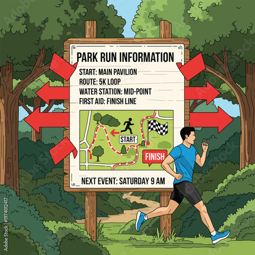 A young man running past a park run information sign in a forest setting.