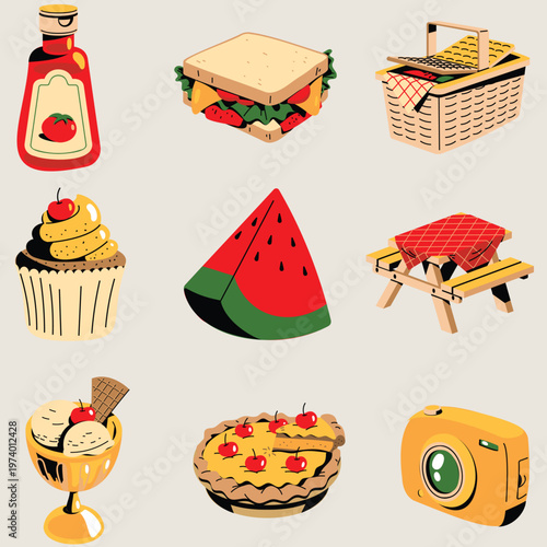 A vibrant collection of picnic essentials and sweet treats, including a sandwich, cupcake, watermelon slice, pie, ice cream, and picnic basket, perfect for summer outings