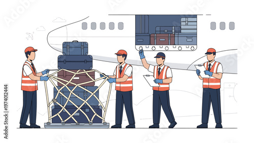 Cargo Handling at Airport: A team of airport personnel meticulously secure cargo for loading onto an aircraft, ensuring smooth and safe transport of goods with teamwork and precision.