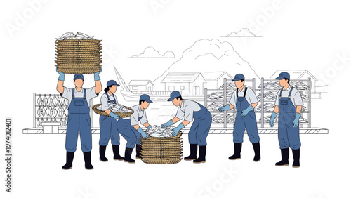 Illustration of a Fish-Processing Collective: A group of hardworking individuals collaborate in the meticulous process of sorting and organizing fish, capturing the essence of their daily work life.