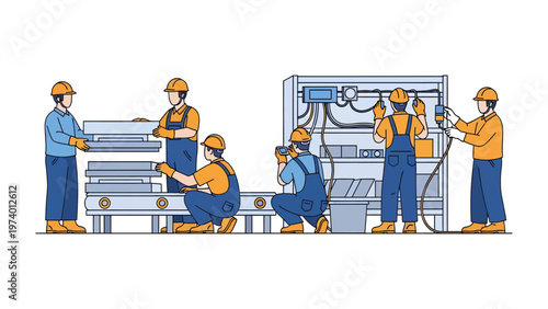 Assembly Line in Action: A dynamic illustration showing diligent workers collaborating to assemble products in a streamlined manufacturing process, highlighting teamwork and productivity