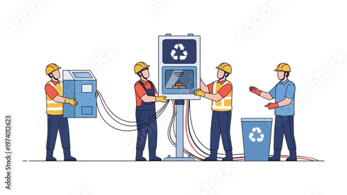 Eco-Friendly Construction: A team of dedicated workers collaboratively constructs and installs a recycling unit. Symbolizing environmental consciousness and sustainable practices.