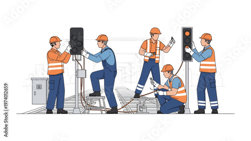 Traffic Light Maintenance: A team of skilled technicians meticulously maintain a set of traffic lights. showcasing their dedication to keeping the flow of the city safe and efficient.