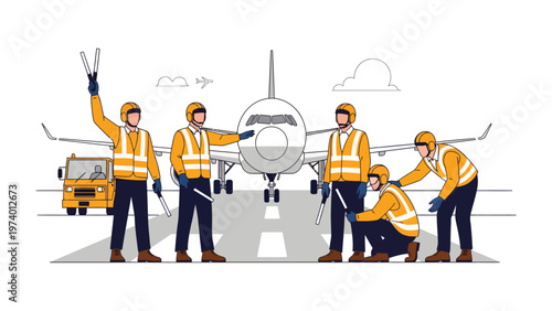Airport Crew Guiding Aircraft: A team of airport ground staff in safety vests meticulously guide an aircraft on the tarmac. Showing the precision and coordination required for safe operations.