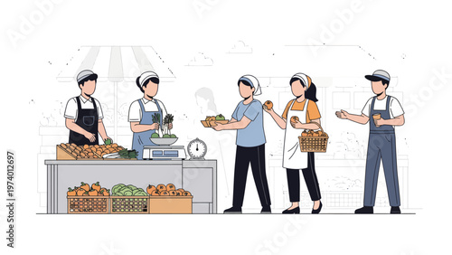 Fresh Market: Farmers meticulously display their organic products at the market. Customers eagerly select fresh goods. Illustrating the freshness and community. 