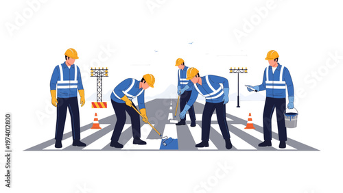 Road Construction Workers at work: A team of construction workers diligently engaged in road repair, meticulously applying paint and making the road markings, embodying teamwork and expertise.