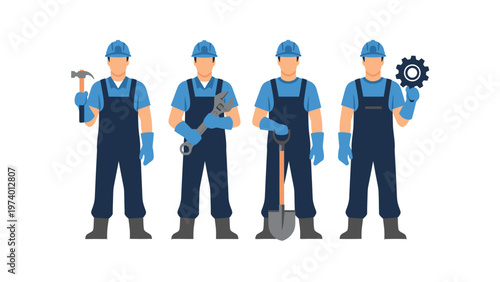 Construction Crew with Tools: A united construction team, each member equipped with essential tools and gear, stands prepared for any task or project
