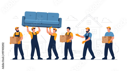 Home Movers: A team of diligent movers coordinate seamlessly to carry a couch and boxes, epitomizing teamwork and the logistics of home relocation. 
