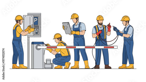 Engineers at Work: A team of skilled engineers work diligently, engaging in various tasks at a parking control system, highlighting expertise and precision.