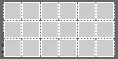 A full sheet of blank postage stamp templates with dotted perforations and serrated outer edges