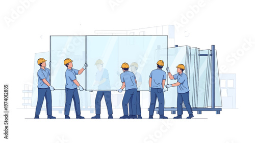 Industrial Glass Installation: Skilled workers carefully maneuver a large glass pane during a construction or renovation project, showcasing teamwork and precision in the industry.