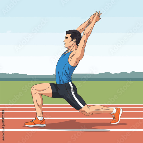 Athletic man performing a lunge stretch exercise on an outdoor track.