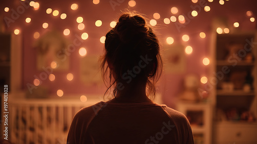 A person gazing into a child's nursery, illuminated by soft lights