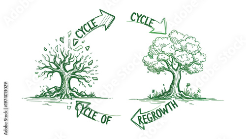 Cycle of Rebirth: The graphic beautifully illustrates the cyclical nature of life, showcasing the transformation of a tree from decay to vibrant regrowth, symbolizing renewal, sustainability.