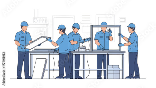 Manufacturing Precision: A team of skilled workers, clad in uniform, meticulously assemble components, their movements precise and coordinated.