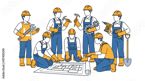 Team of Builders Collaboration: An illustration of a skilled team of builders meticulously collaborating on a blueprint, tools in hand, symbolizing expertise and cooperation.