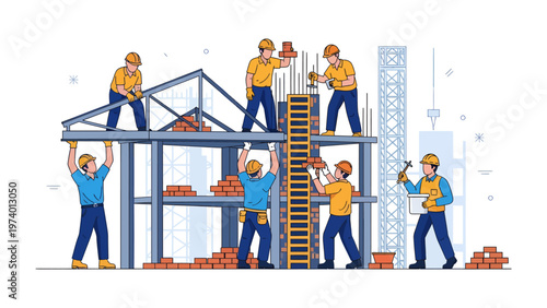 Construction Crew in Action: A group of construction workers diligently collaborate to build a structure, showcasing their skills and teamwork.