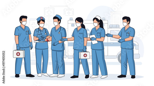 Heroes in Scrubs: A dedicated team of healthcare professionals, clad in scrubs and protective masks, stands ready, embodying compassion and care, symbolizing hope and healing. 