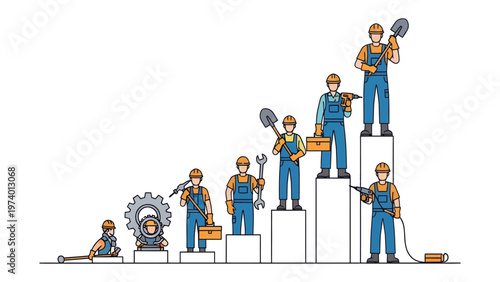 Building the Foundation: a group of construction worker stand on stairs represent the stages of building progress.